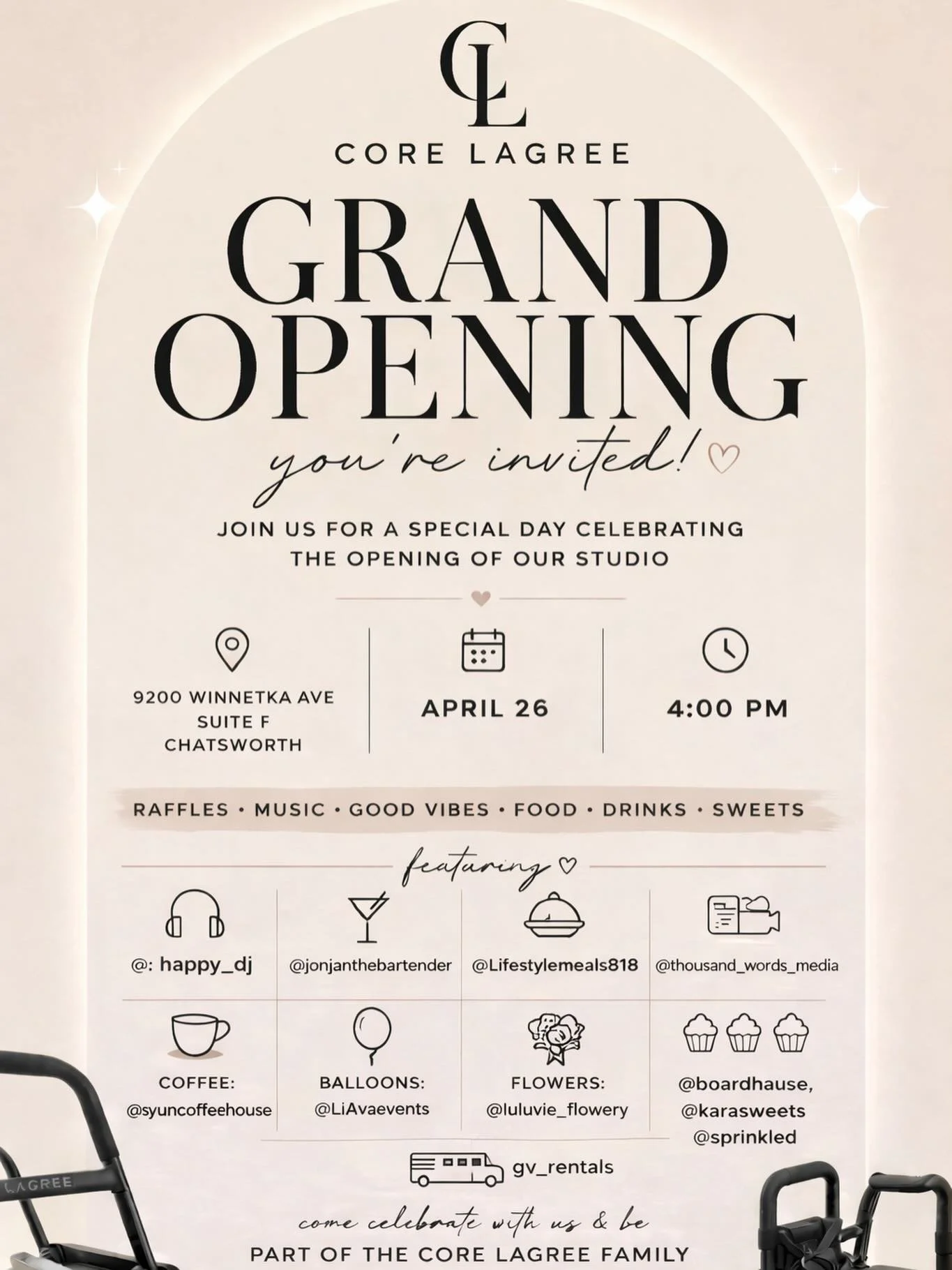 The wait is over , we are opening our doors for you 🤍✨

Come celebrate the grand opening of Core Lagree with us!
Raffles, music, food, drinks, sweets &amp; the best vibes 🎉

📍 9200 Winnetka Ave, Chatsworth
🗓 April 26
⏰ 4 PM

Featuring our amazing