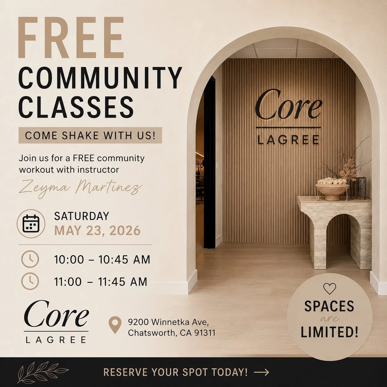 ✨ COMMUNITY CLASS ALERT ✨

Join us at Core Lagree for a FREE community workout designed to strengthen, shake, and energize your body 💪🔥 with @itszeyma 

Whether you&rsquo;re new to Lagree or already obsessed, this is the perfect chance to move with