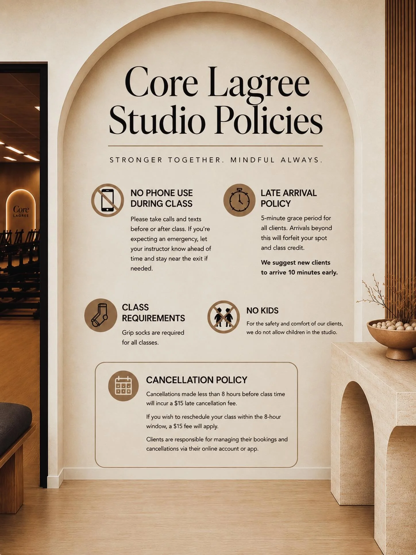 ✨ Welcome to the Core Lagree community ✨

To create the best experience for every client, we kindly ask all members to review our studio policies before class. From arrival times to cancellation guidelines, these policies help us keep classes smooth,