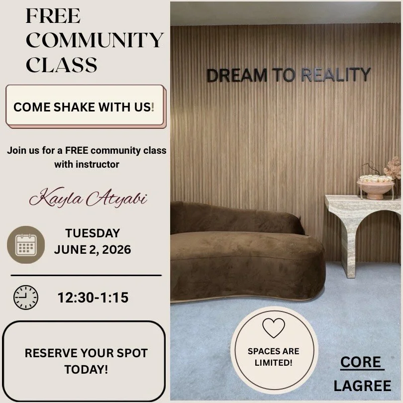 ✨ COMMUNITY CLASS IS HERE ✨
Come shake with us and experience the burn 🔥 Join instructor Kayla Atyabi for a FREE community class and see what CORE Lagree is all about.

🗓️ Tuesday, June 2, 2026
⏰ 12:30 PM&ndash;1:15 PM
📍 Limited spots available

R