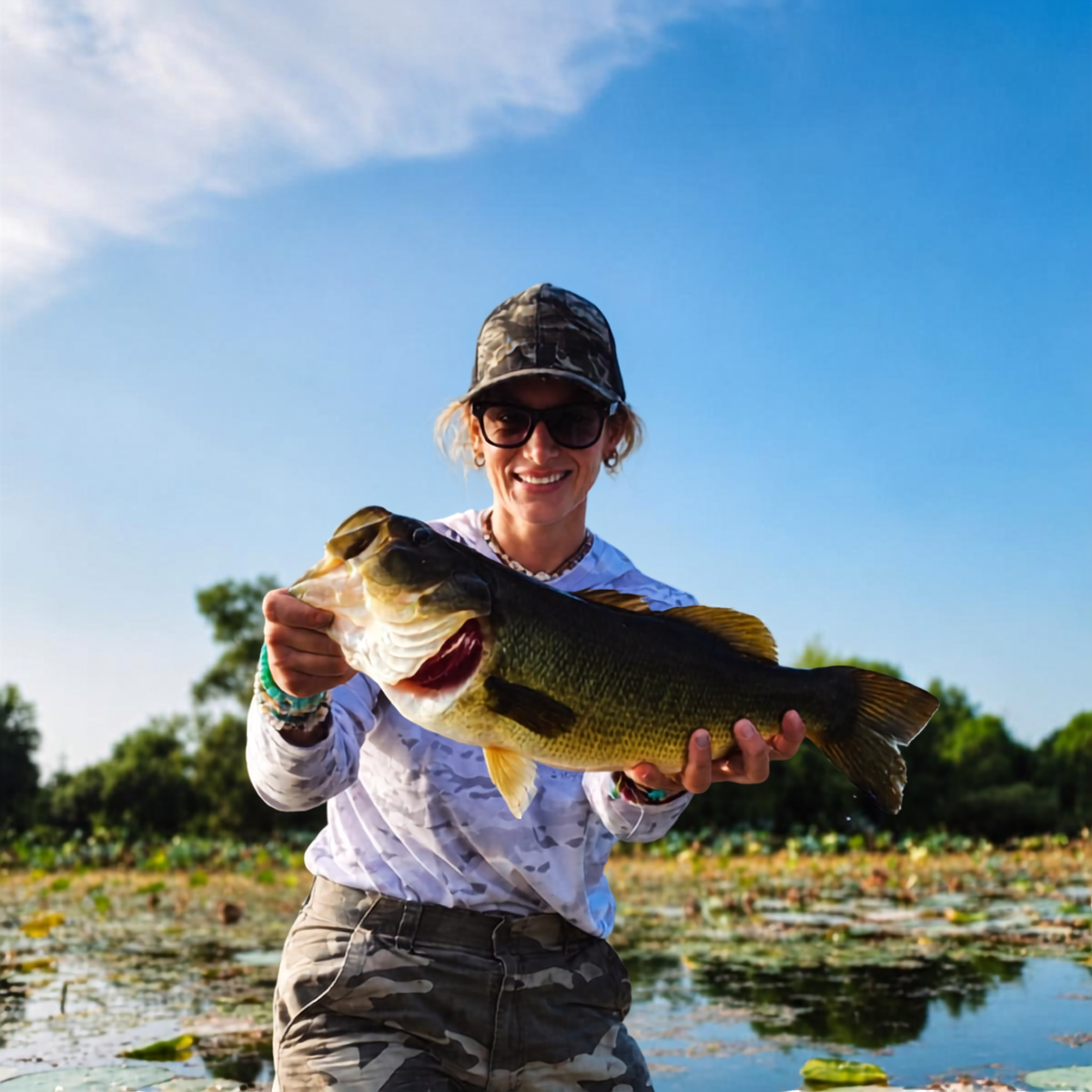 Member landing a large mouth bass