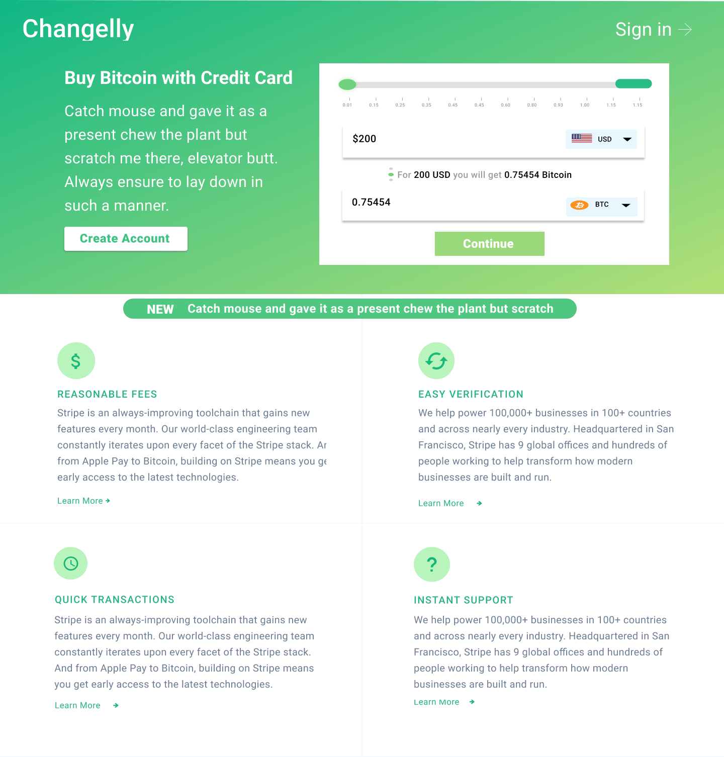 A screenshot of a website page about buying Bitcoin with a credit card, featuring a green background, white text, a sign-in link, a section with a Bitcoin purchase calculator, and various information about the service in columns.
