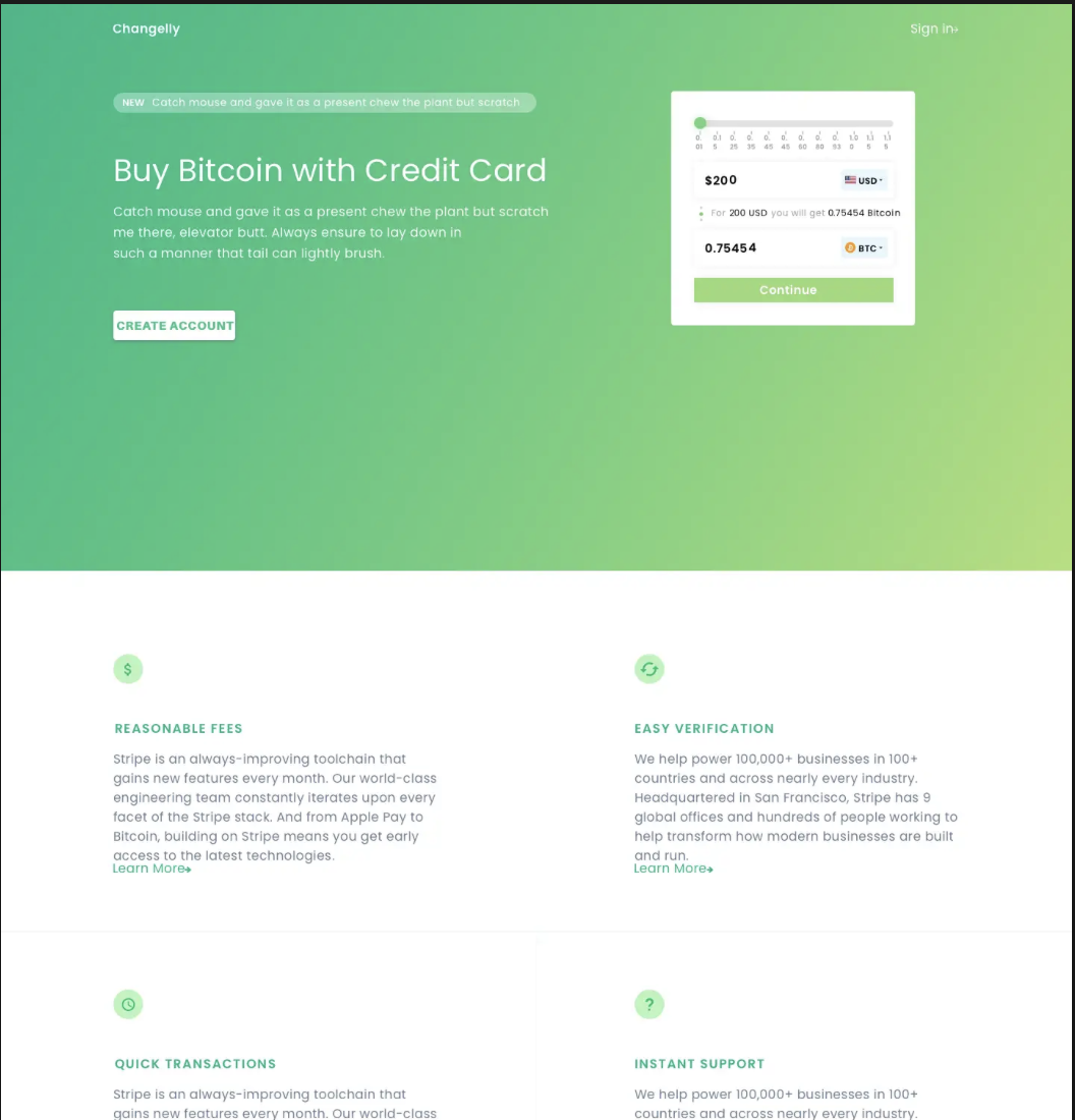Screenshot of a website homepage for buying Bitcoin with a credit card. It features a green gradient background, a title, a create account button, and a section with a Bitcoin purchase calculator showing an amount, Bitcoin logo, and a continue button. The lower section contains informational cards about fees, verification, transactions, and support.