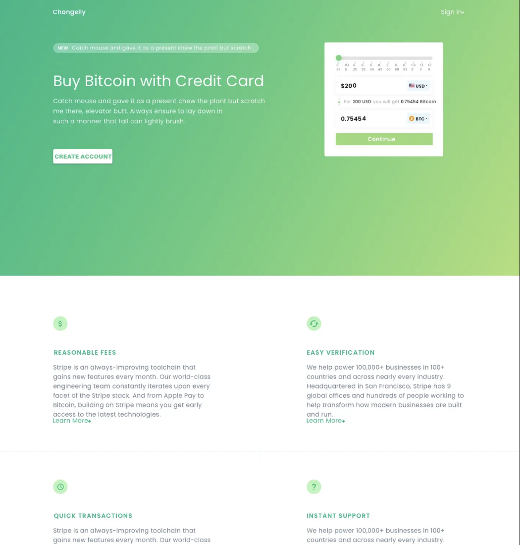 Online cryptocurrency trading website with green gradient background, featuring a header with 'Change', a sign-in link, a promotional message, a 'Buy Bitcoin with Credit Card' section with a submit button, and additional information sections about fees, verification, transactions, and support.