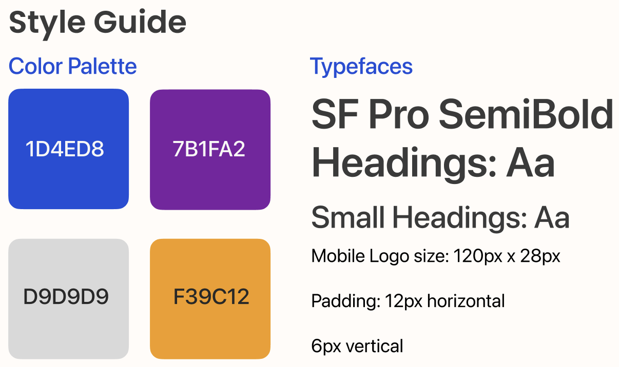A style guide explaining color palette and typography. Color palette includes blue, purple, light gray, and orange with respective hex codes. Typography details specify font styles, sizes, and spacing for headings and small headings.