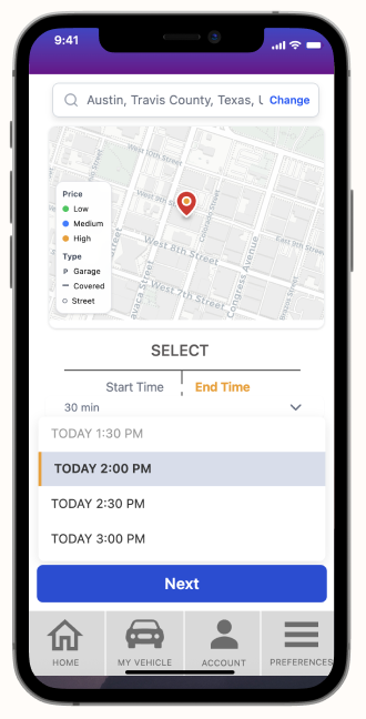 Mobile app screen showing a map of Austin, Texas, with parking lot options by price and type, and a booking schedule with start and end times.