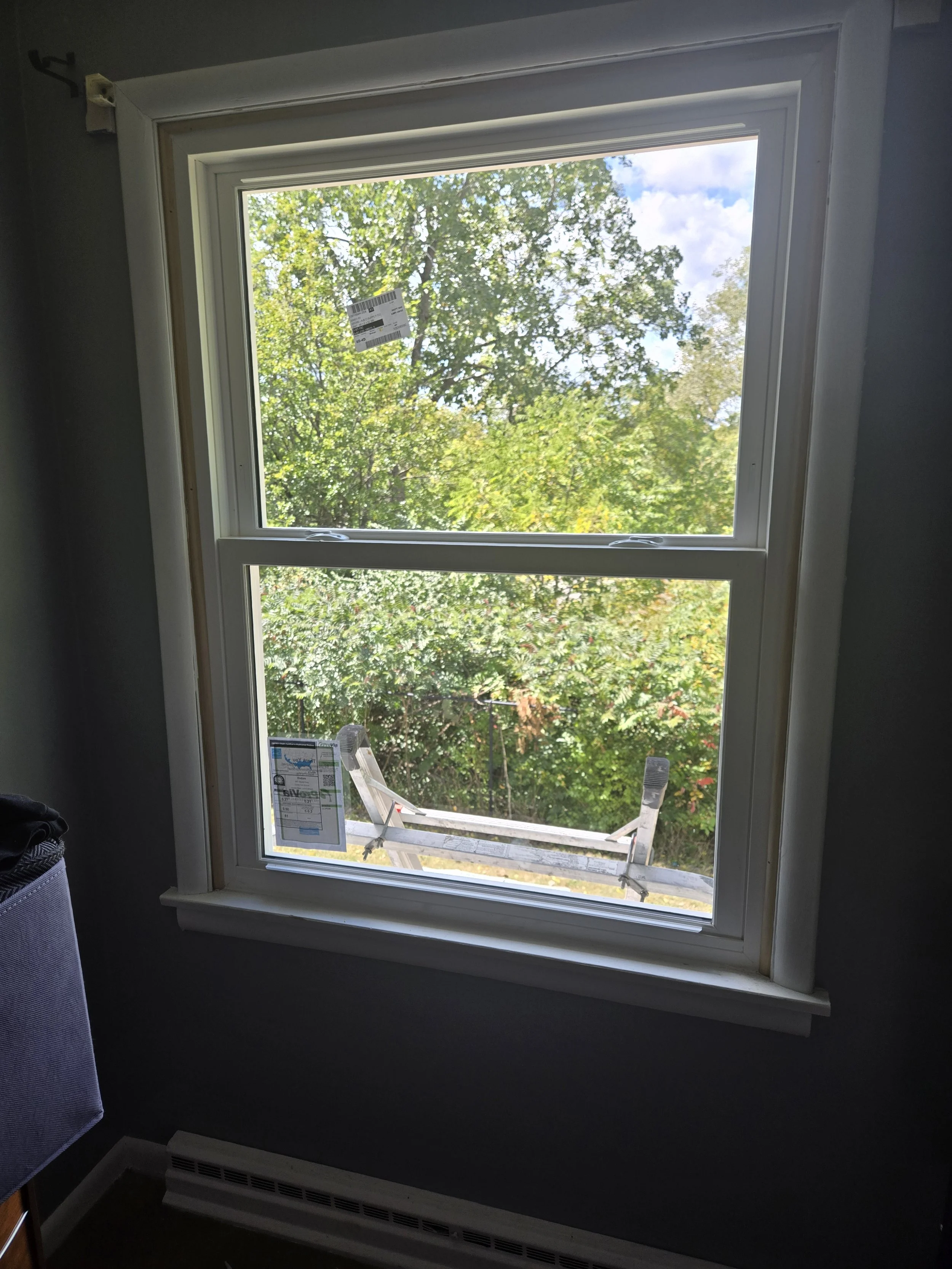 New double-hung window installed in a room with gray walls and white trim, looking out onto green trees and a partly cloudy sky.