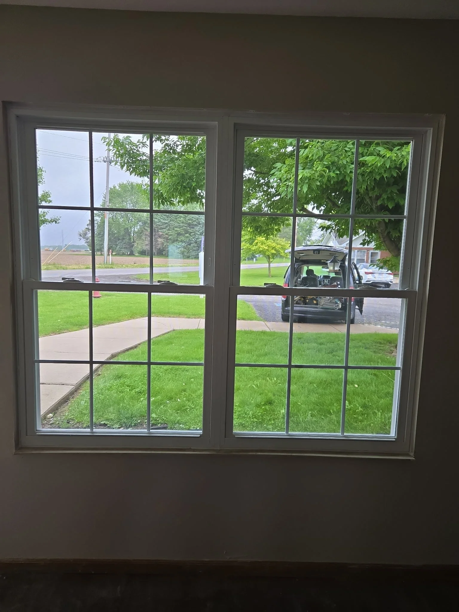 View through a double-pane window showing a green lawn, a sidewalk, a tree with green leaves, and a black vehicle parked in the driveway with its trunk open.