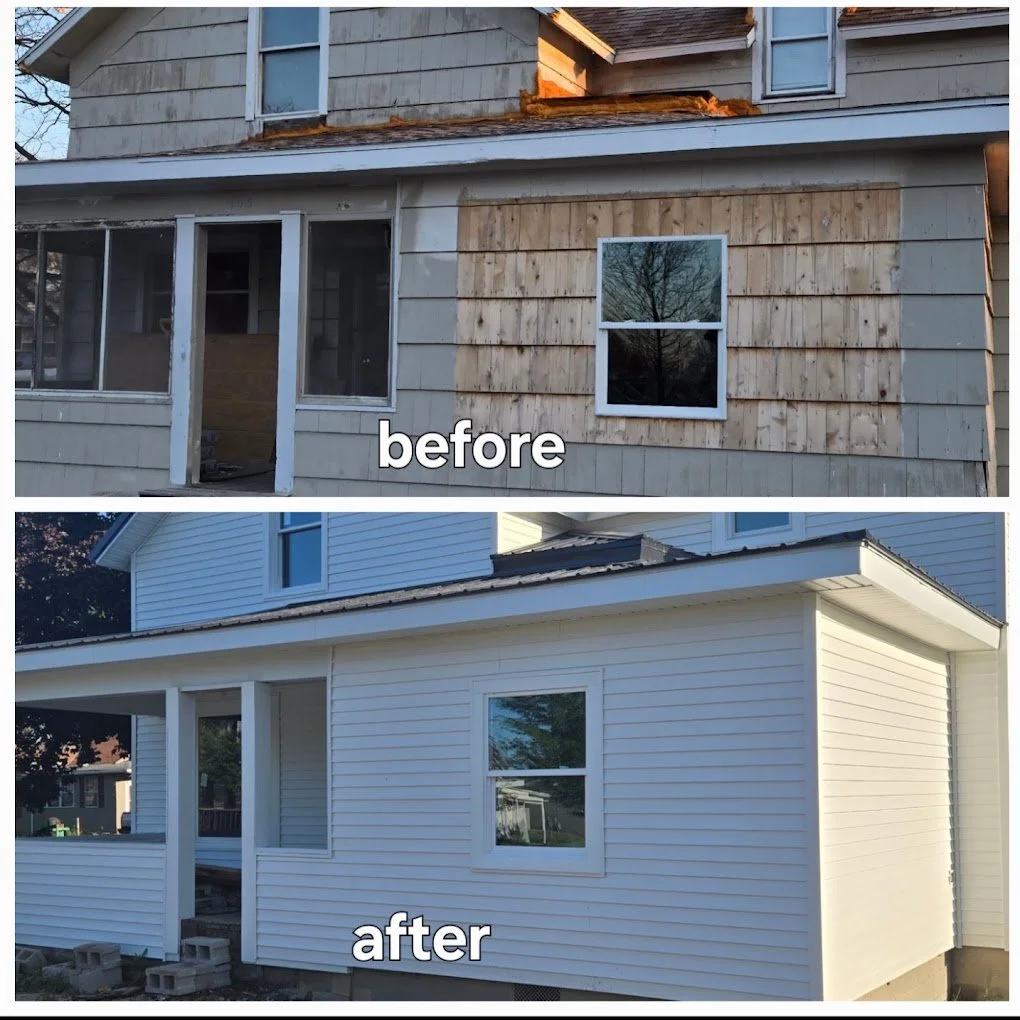 Side view of a house showing the renovation progress: the top image labeled 'before' shows the house with unfinished siding and a damaged roof, while the bottom image labeled 'after' shows the house with new white vinyl siding and a completed roof.