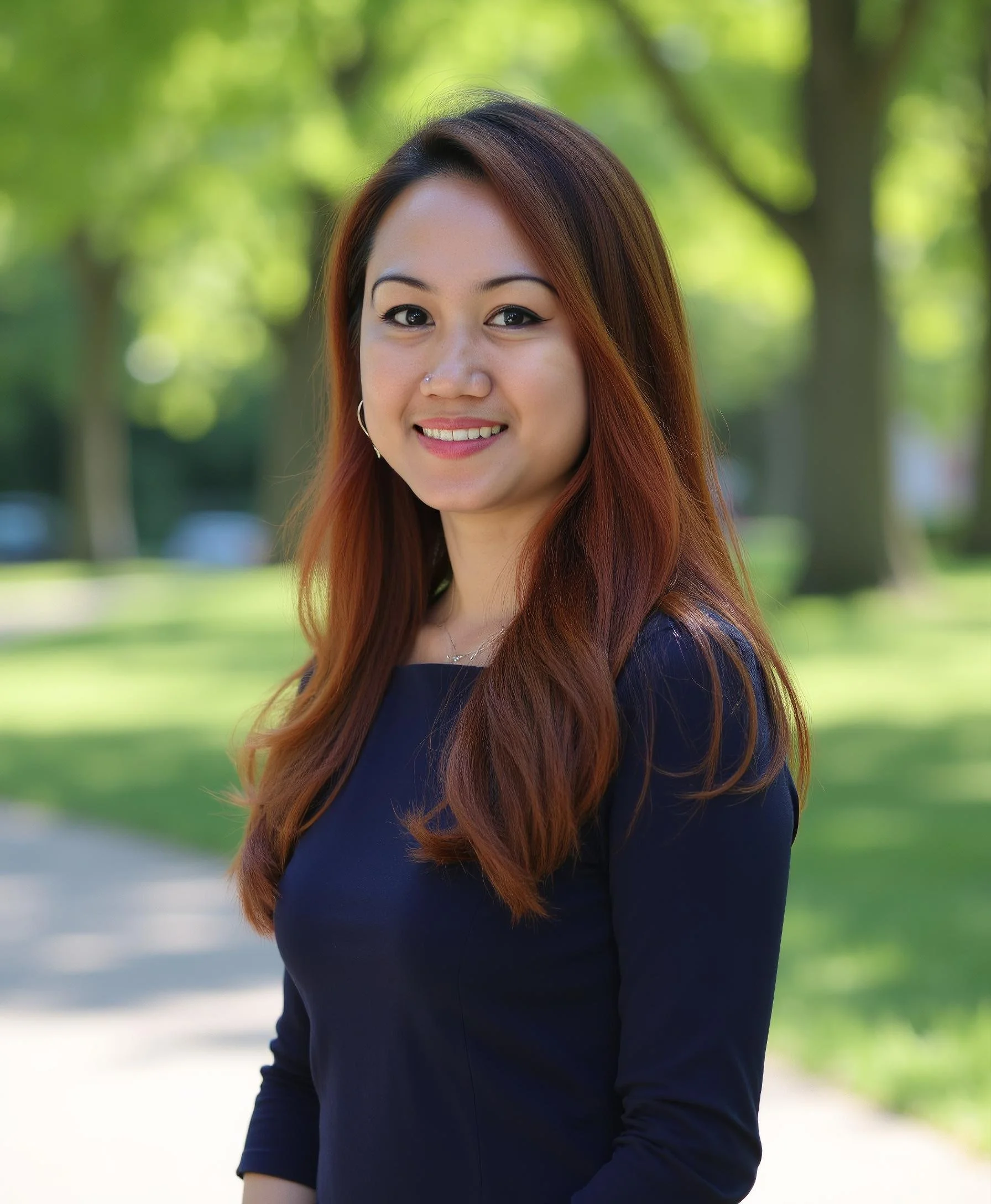 A woman smiling outdoors with trees and a park in the background.
