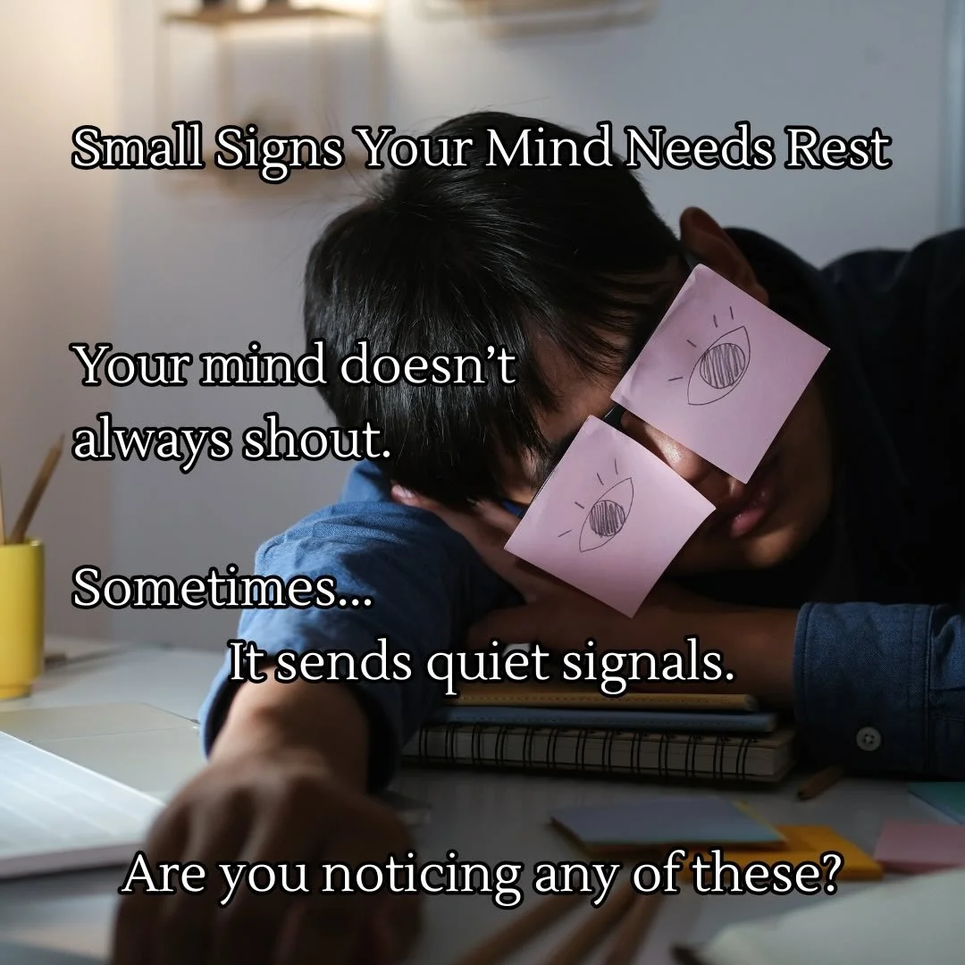 Sometimes the mind whispers before it starts to shout. 

Difficulty concentrating, irritability, constant worry, or feeling emotionally drained can be signs that your mind needs support and rest.

Through Integrative Therapy and Clinical Hypnotherapy