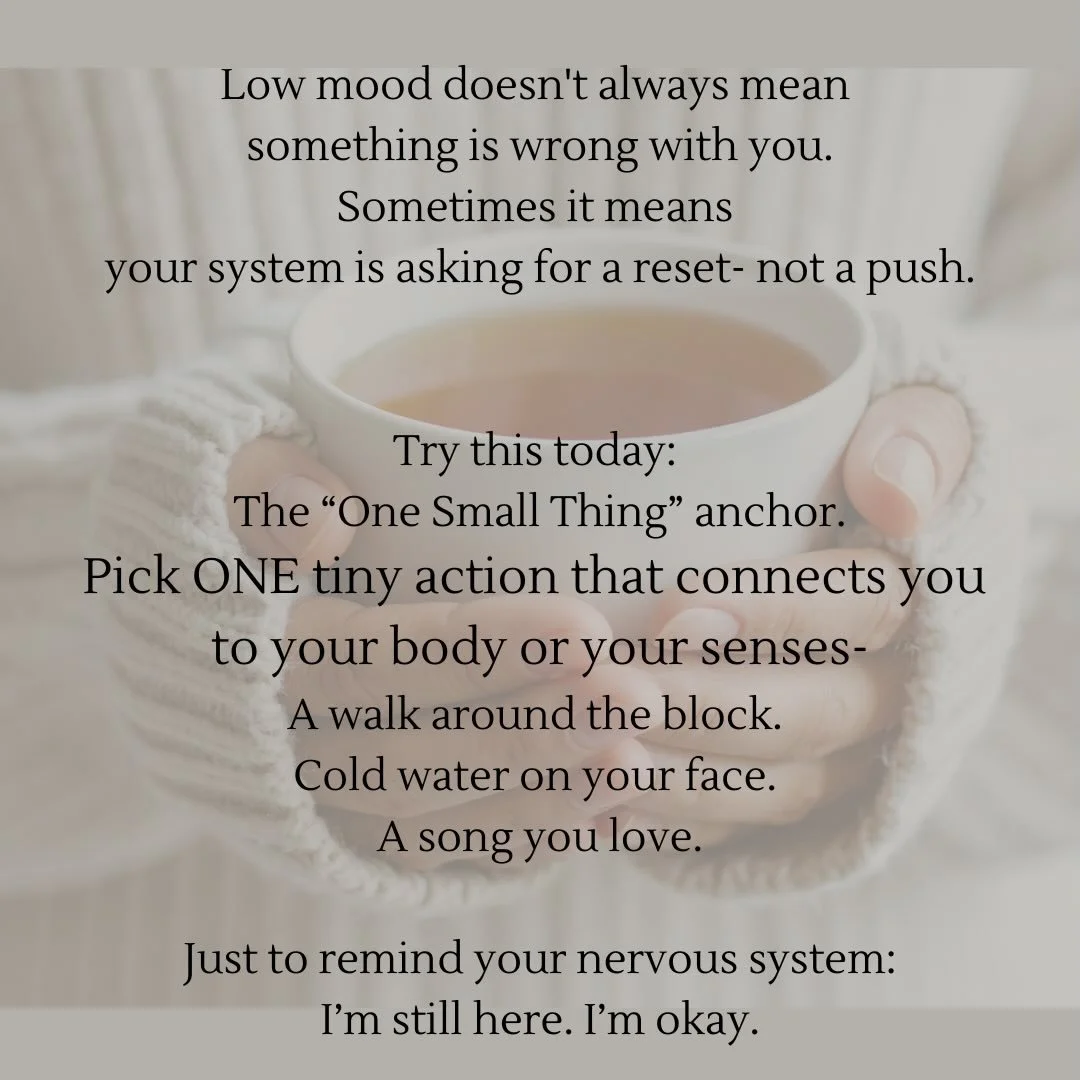 Try this today: the &ldquo;One Small Thing&rdquo; anchor.
Pick ONE action that connects you to your body or your senses. 

A small shift to lift your mood. Try it today.

#strategicpsychotherapy #hypnocbt #hypnotherapy #anxietysupport #buildresilienc