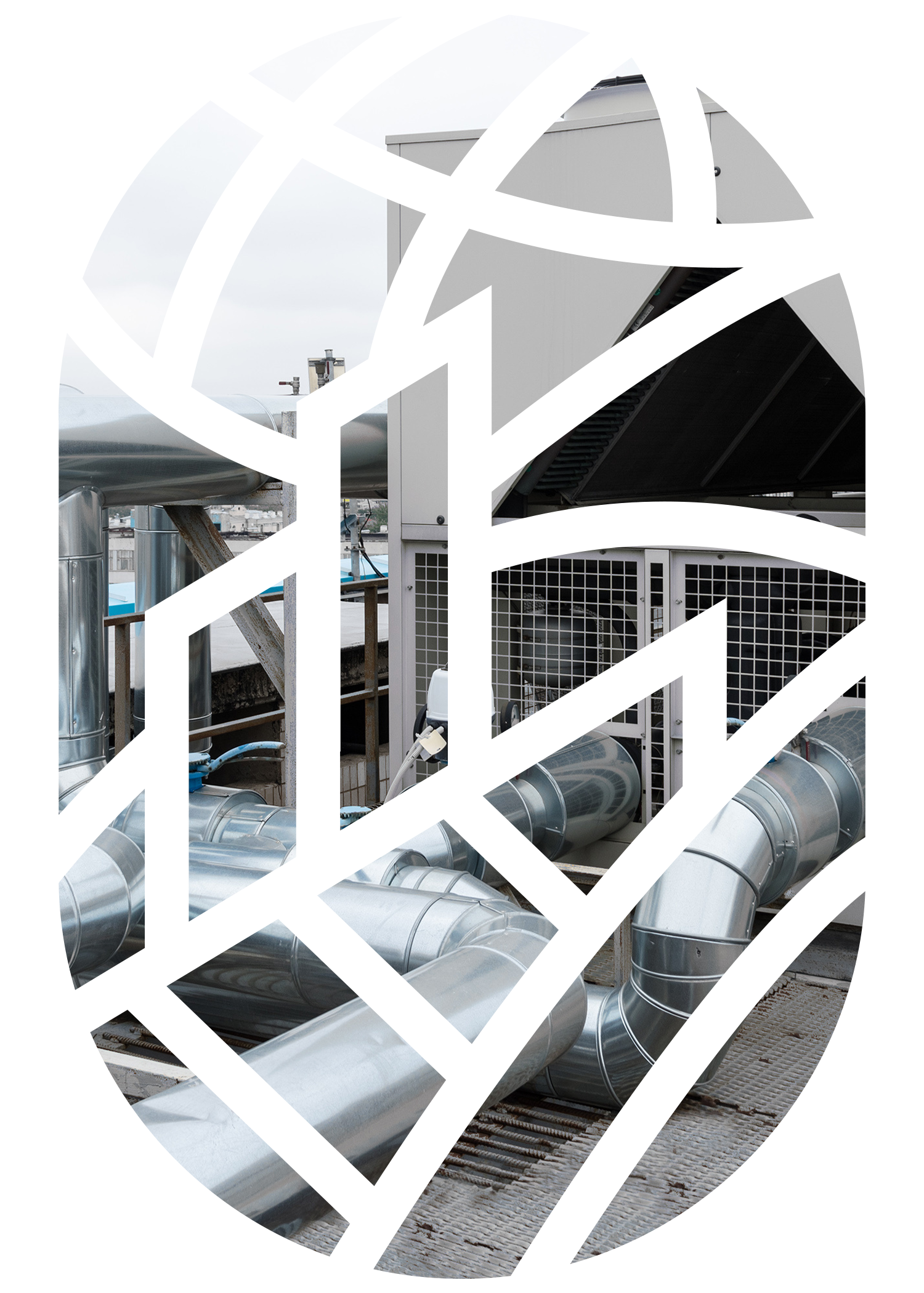 A complex industrial HVAC system on a rooftop featuring interconnected pipes, ducts, and a large heat exchange unit with vents and control panels.