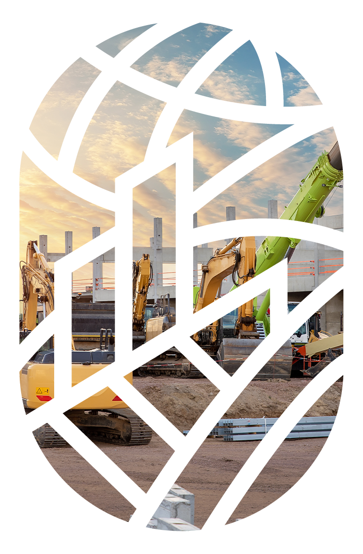 Construction site with three excavators working on a foundation, blue sky with clouds, early morning or late afternoon lighting.