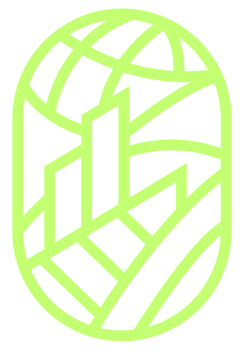A neon green stylized globe design with intersecting lines, set against a black background.