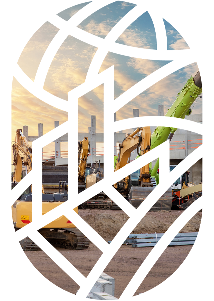 Construction site with multiple excavators working on foundation, with a partly cloudy sky in the background.