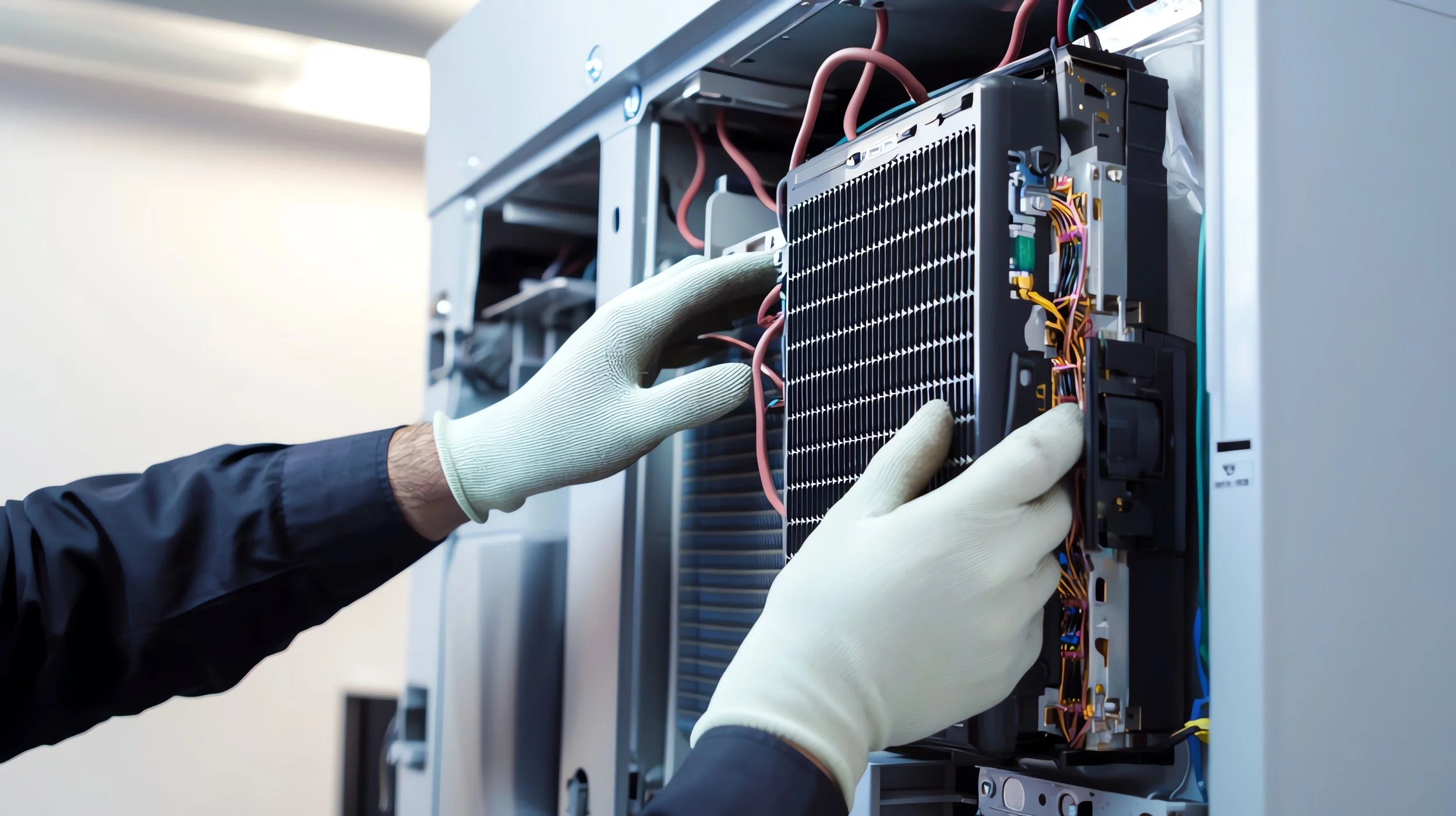 A technician wearing gloves installing or repairing components inside a large electronic device or server, with visible wiring and cooling units.