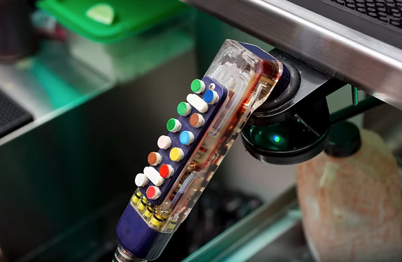 Close-up of a shaft of test tubes with colored caps, held in a holder, in a laboratory setting.