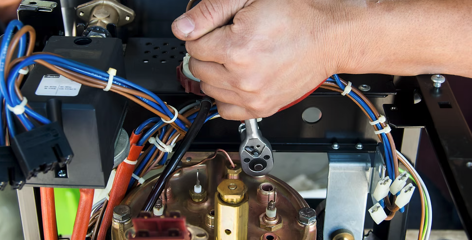 Close-up of a person using a wrench to work on the internal components of an electronic or mechanical device with various wires and parts.