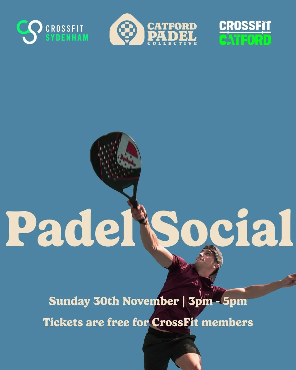 Catford Padel Collective have teamed up with @crossfitcatford and @crossfitsydenham for a padel social this Sunday! 💪 🎾 

Come try the sport, hit some rallies, and make the most of the weekend

Sunday 30th Nov | 3pm - 5pm

All equipment included an