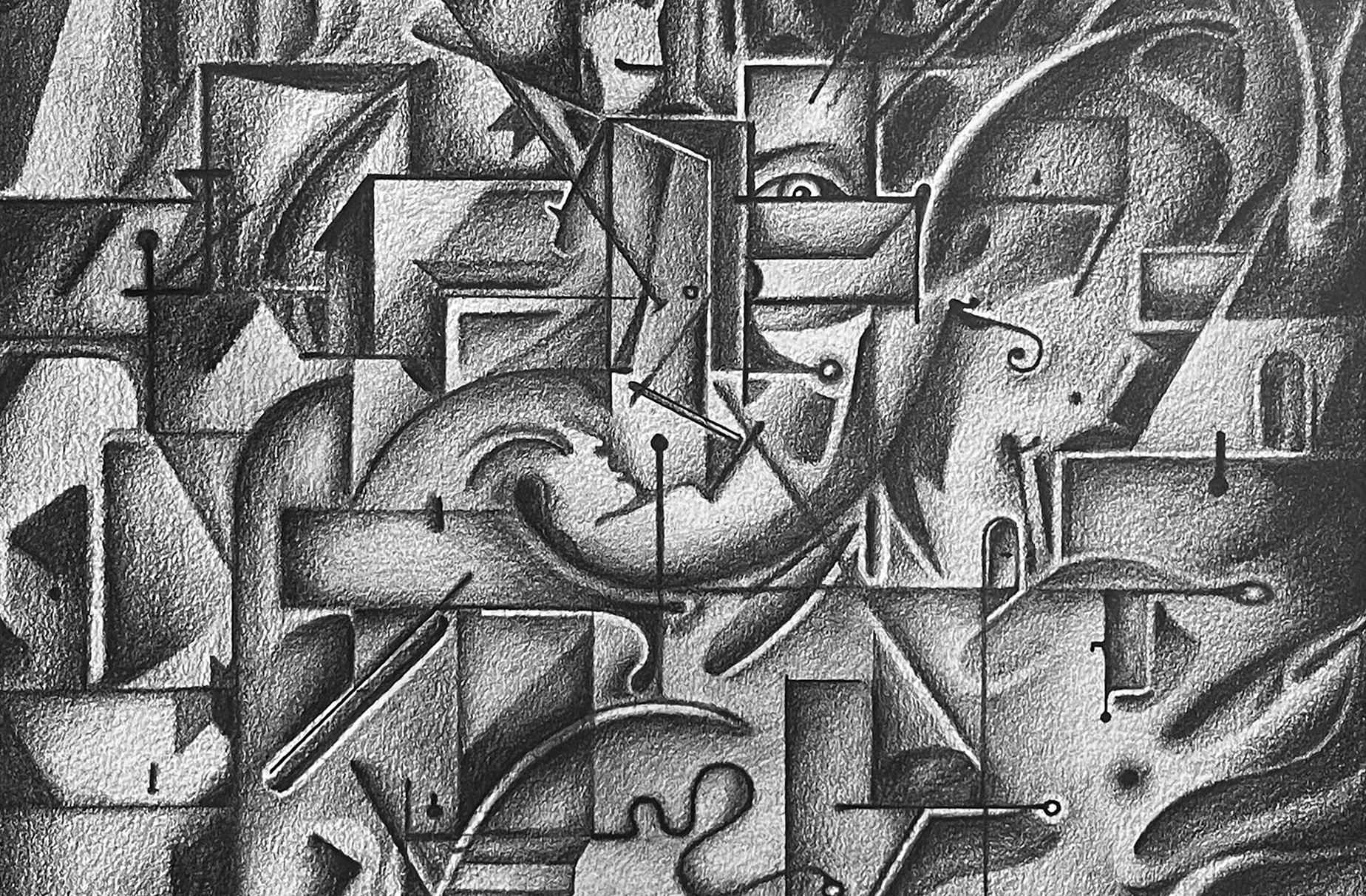 Arte em tons de cinza com formas geométricas, linhas curvas e detalhes abstratos.