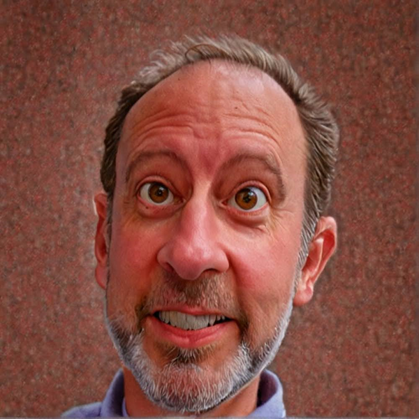A man with a surprised or excited expression, wide eyes, and a big smile, standing against a reddish-brown background.Portrait of children’s author Mel Drop smiling