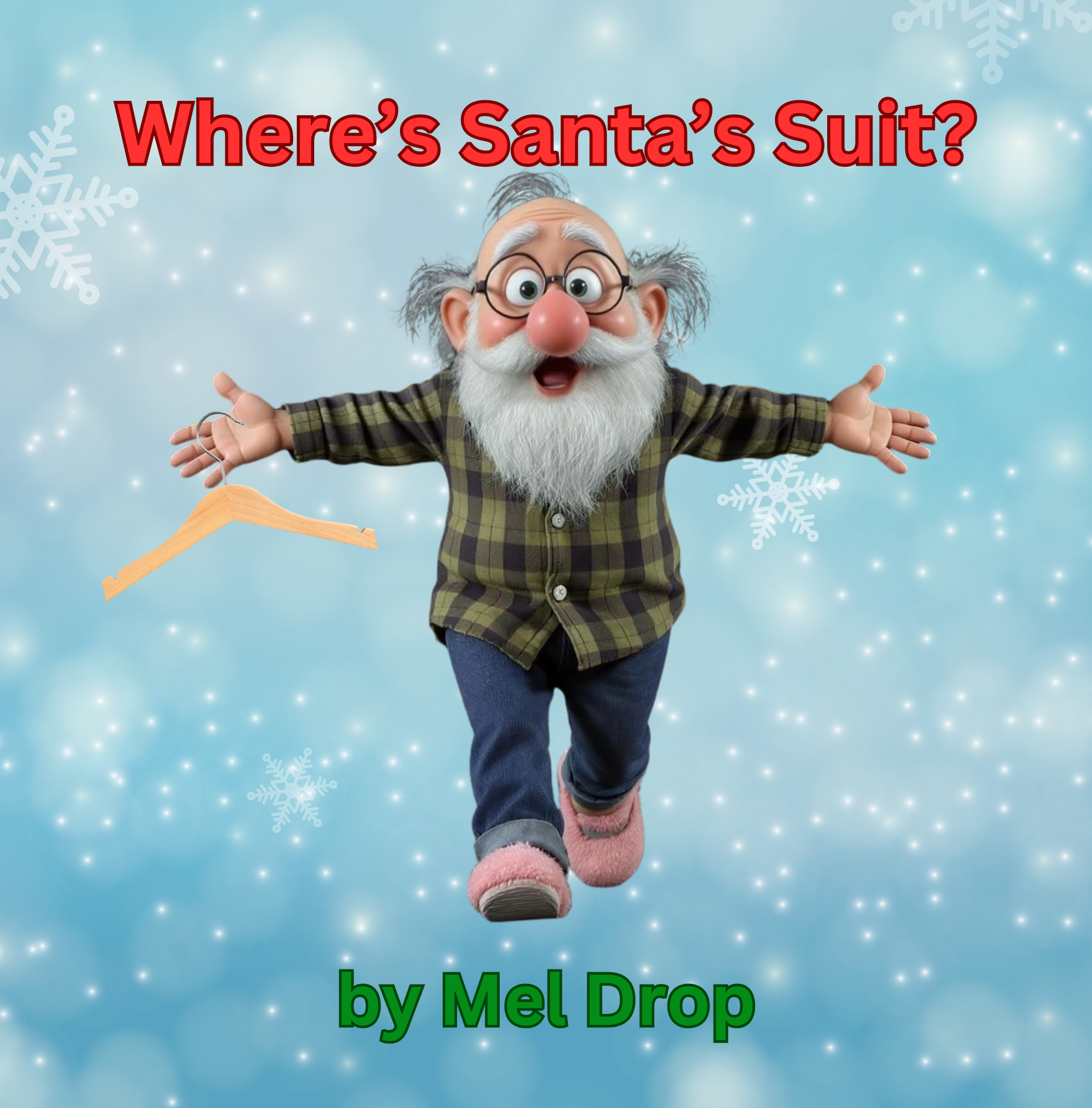 Book cover of Where's Santa's Suit? by Mel Drop, a children's Christmas picture book about Santa's missing red suit.