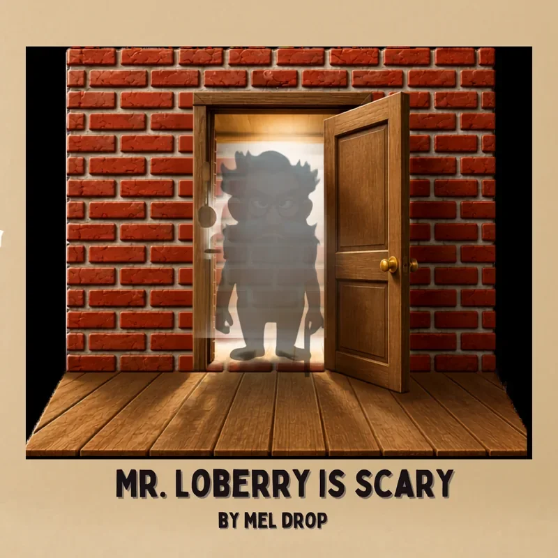 Book cover for Mr. Loberry Is Scary by Mel Drop, featuring a mysterious shadowy figure standing in a doorway surrounded by a brick wall.