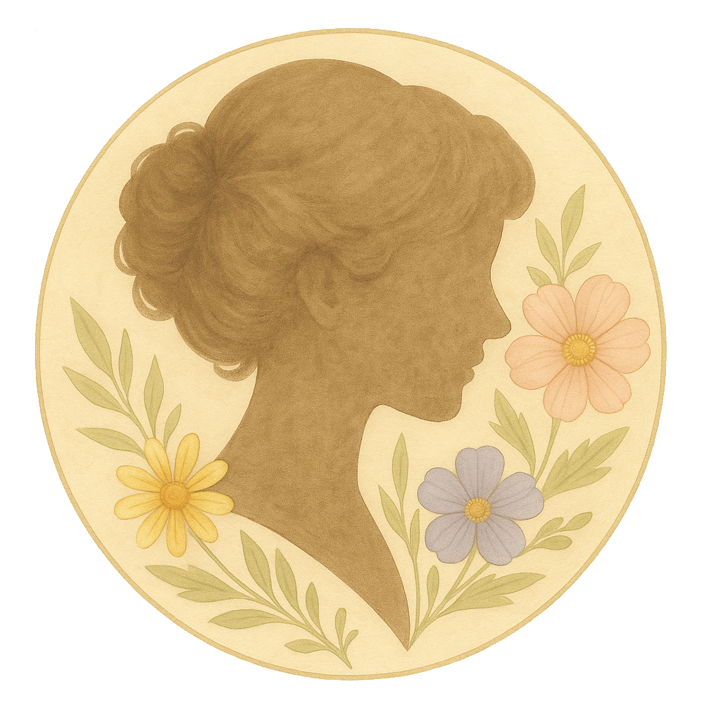 Silhouette of a woman's profile with flowers and leaves around her in pastel colors.