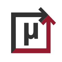 Logo with a black square frame, a red arrow pointing upward, and a black and red outline of the Greek letter mu in the center.