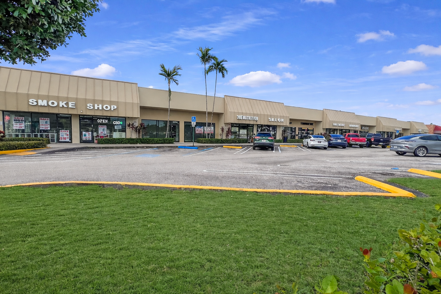 A shopping plaza with multiple stores including a smoke shop and a nutrition store. Several cars are parked in front, with a blue sky and palm trees in the background.