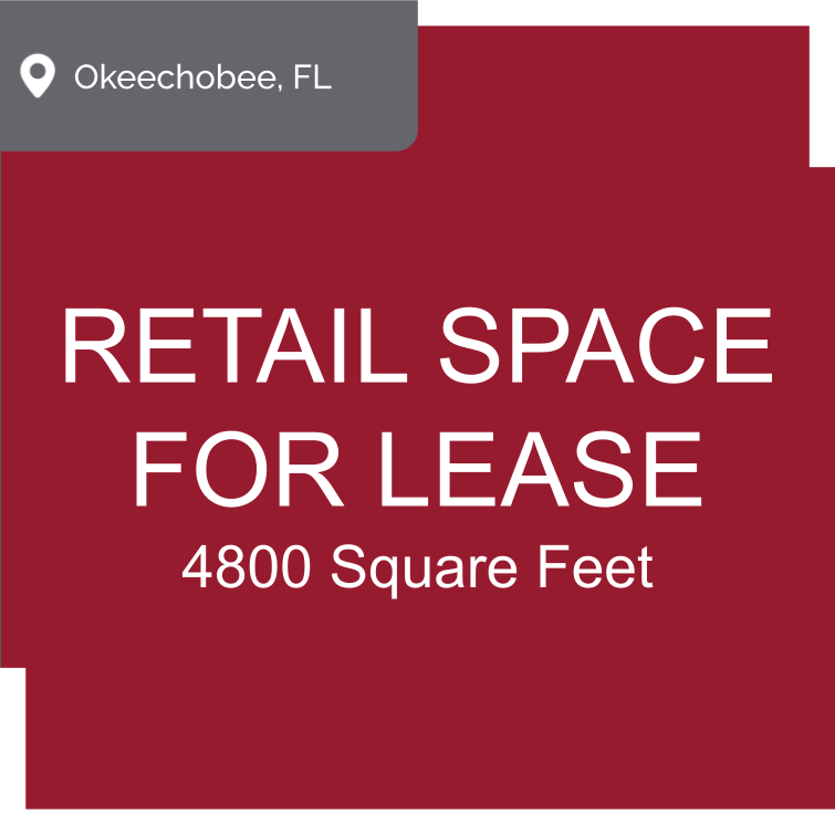 Sign advertising a retail space for lease in Okeechobee, Florida, with 4,800 square feet.