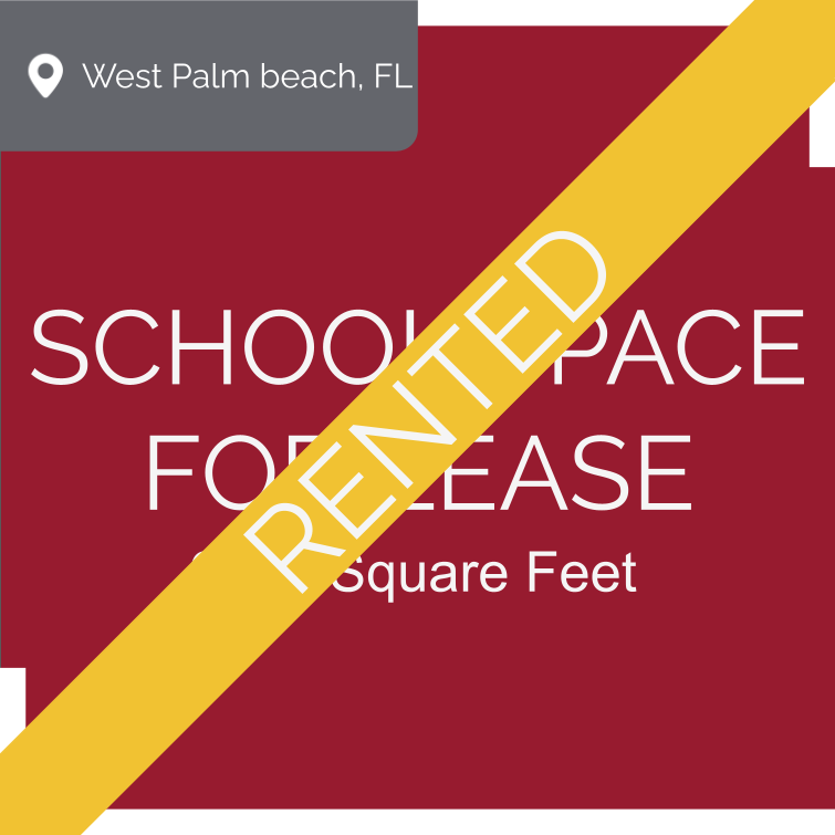 A sign indicating a vacational school space for lease in West Palm Beach, Florida, with 6750 square feet of area.