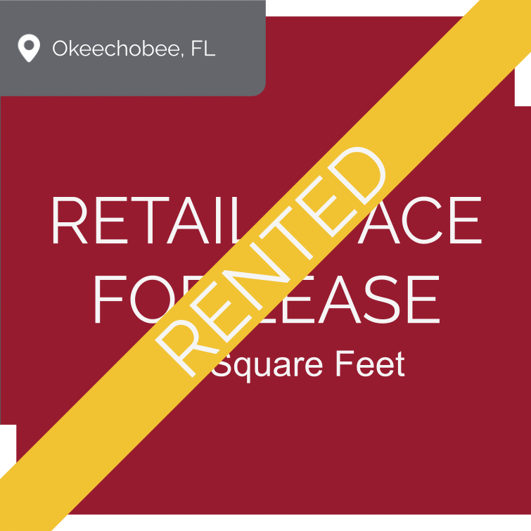 A sign indicating a retail space for lease in Okeechobee, Florida, with 1200 square feet available.