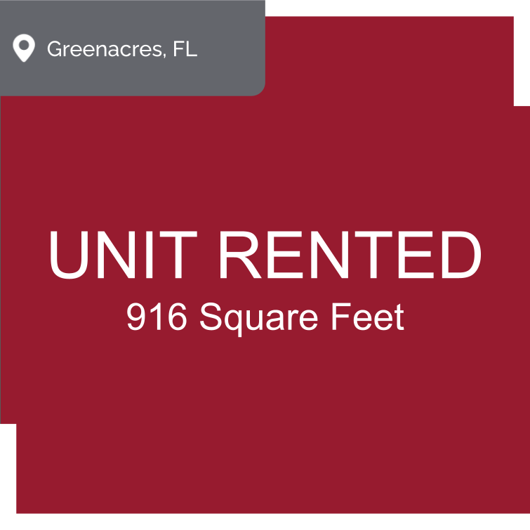 Sign advertising retail space for lease in Greenacres, Florida, with 916 square feet.
