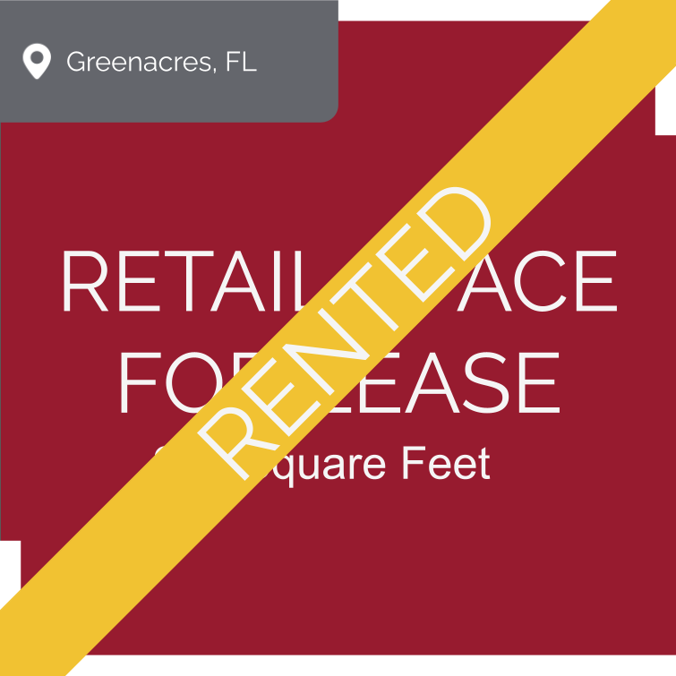 Sign advertising retail space for lease in Greenacres, Florida, with 916 square feet.