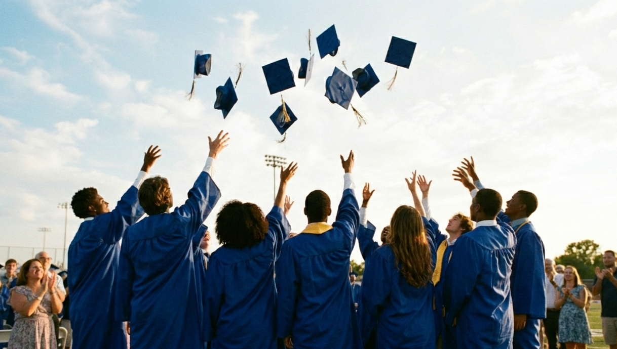 High school graduates in blue caps and gowns tossing caps in the air during outdoor graduation ceremony.