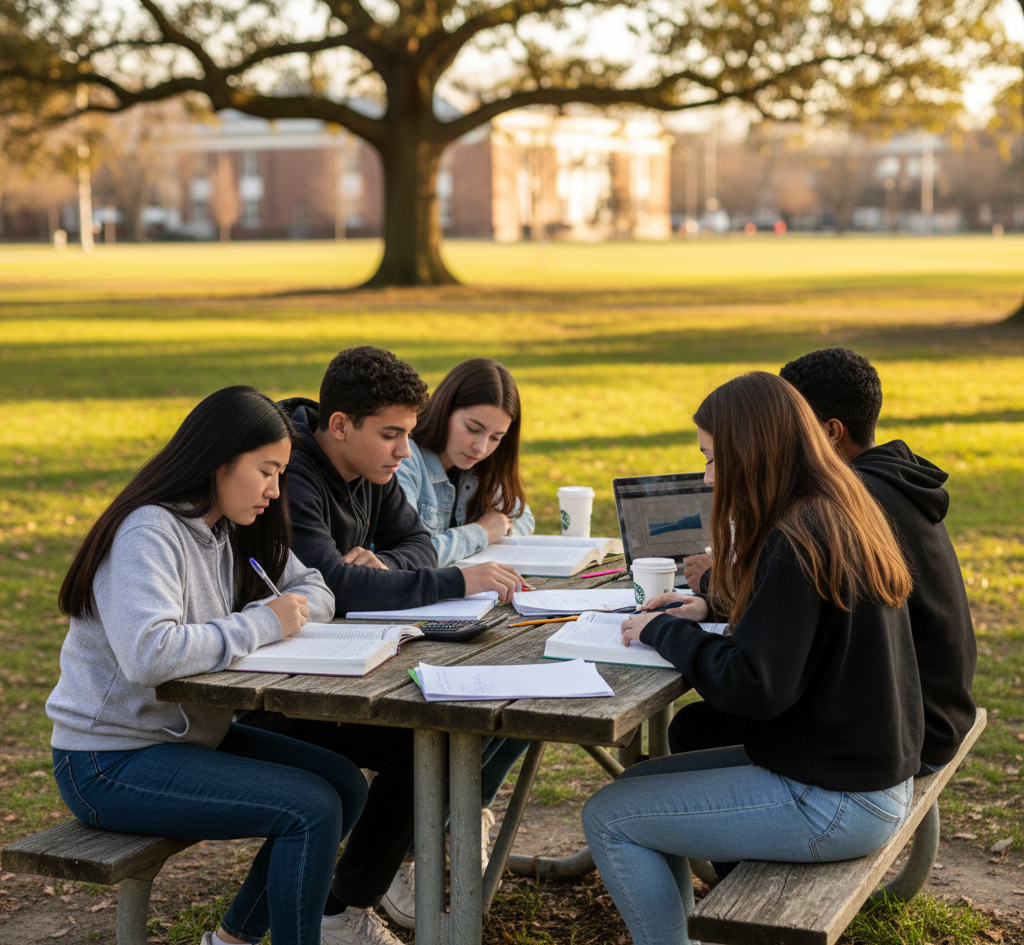 Group of college students studying outdoors at a wooden table in a park with a big tree in the background, during autumn.