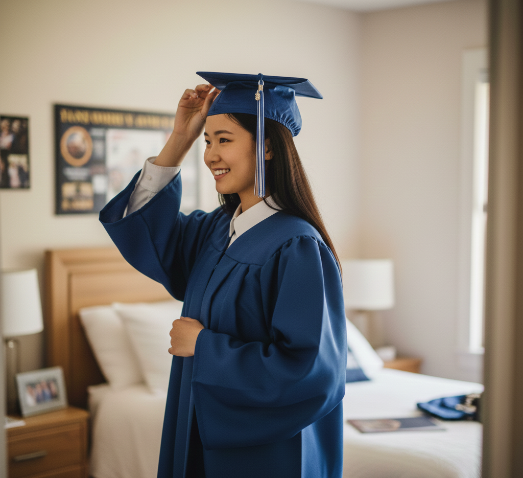 A young woman in a blue graduation gown and cap adjusting her cap in a warmly lit bedroom.