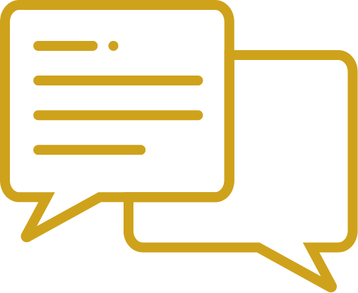 Outline of two overlapping speech bubbles, one with lines representing text, in gold on a black background.