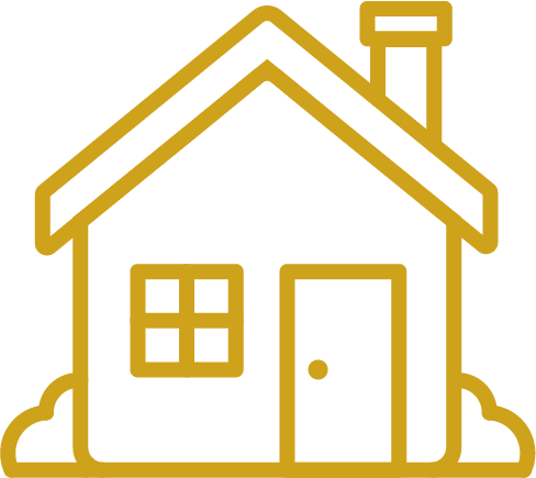 A simple line drawing of a house with a chimney, window, door, and some bushes.