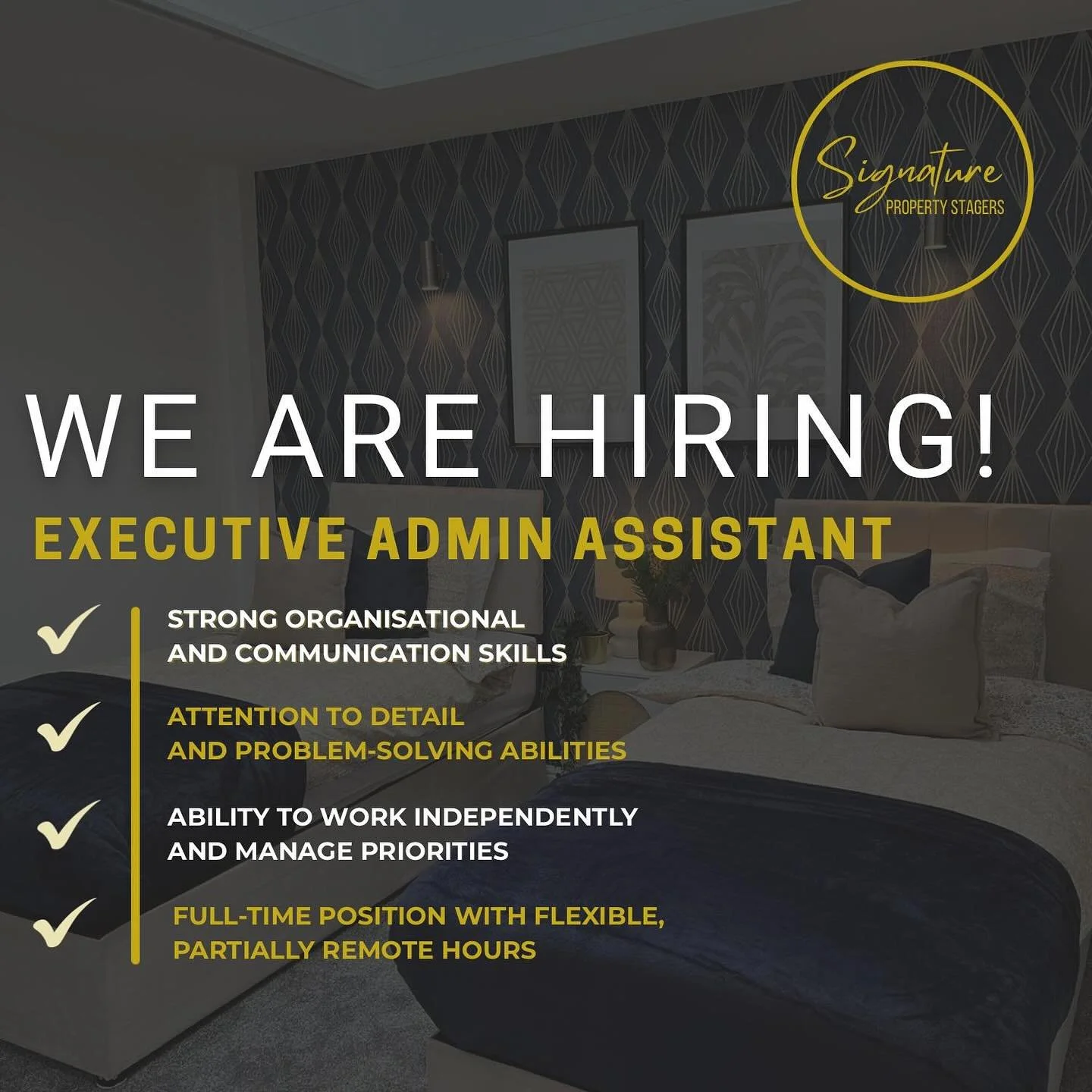 ❗️FULL TIME ADMIN VACANCY - LOCAL TO HUDDERSFIELD ❗️

Love keeping things organised and running smoothly? 
We&rsquo;re on the lookout for a superstar Executive Admin Assistant to join our creative Huddersfield team at Signature Property Stagers!

You