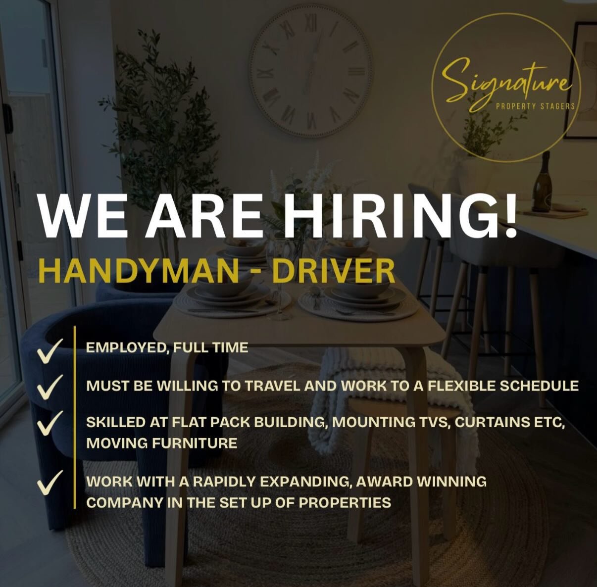 ❗️WE ARE HIRING!❗️MUST BE LOCAL TO HUDDERSFIELD

We&rsquo;re looking for a full time furniture installer and handyperson to join the Signature Property Stagers family &mdash; and if you love transforming spaces, take pride in your work and can build 