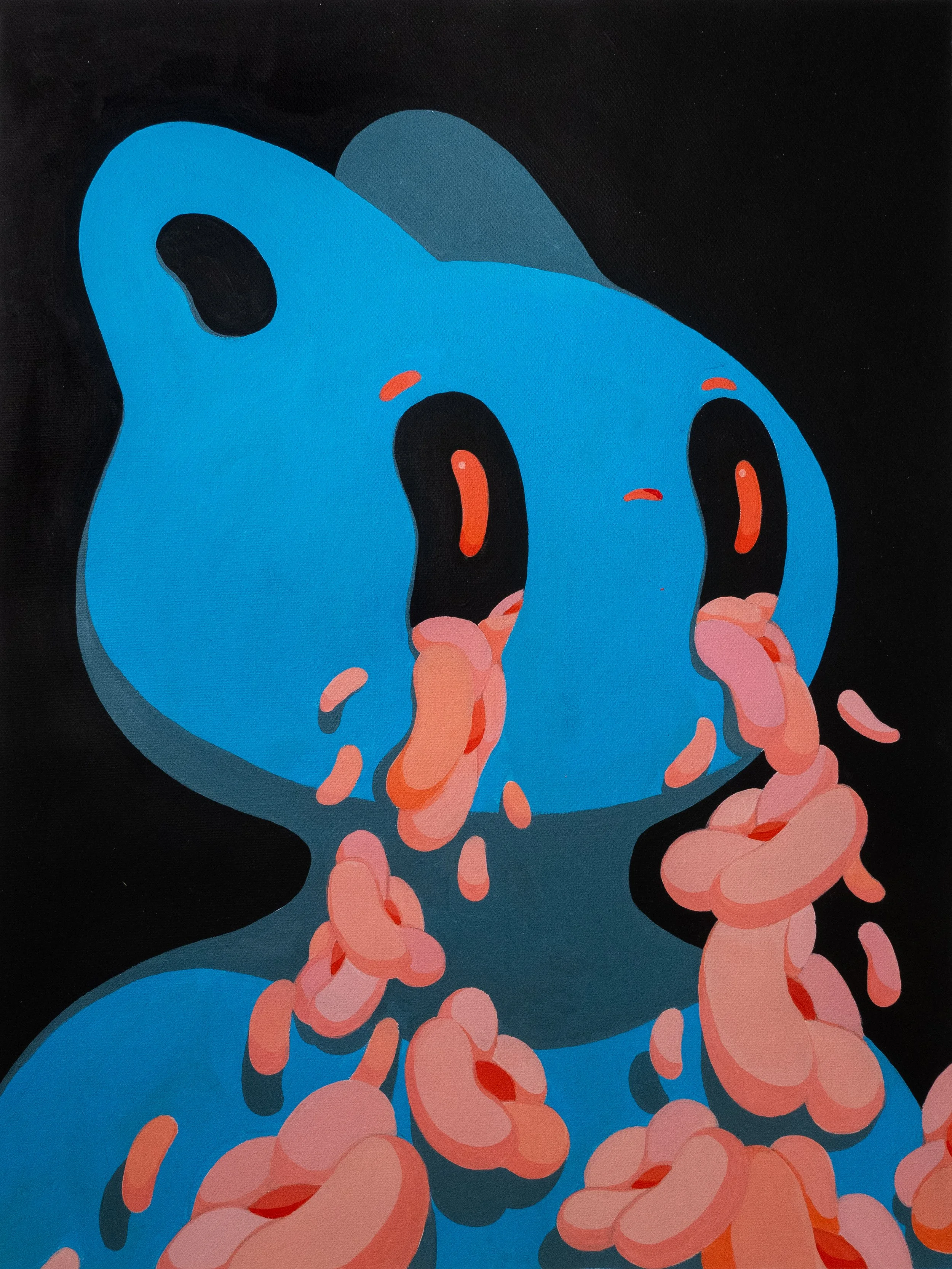 A surreal painting of a blue creature with a round head and large black eyes, vomiting pink and orange blob-like substances against a black background.
