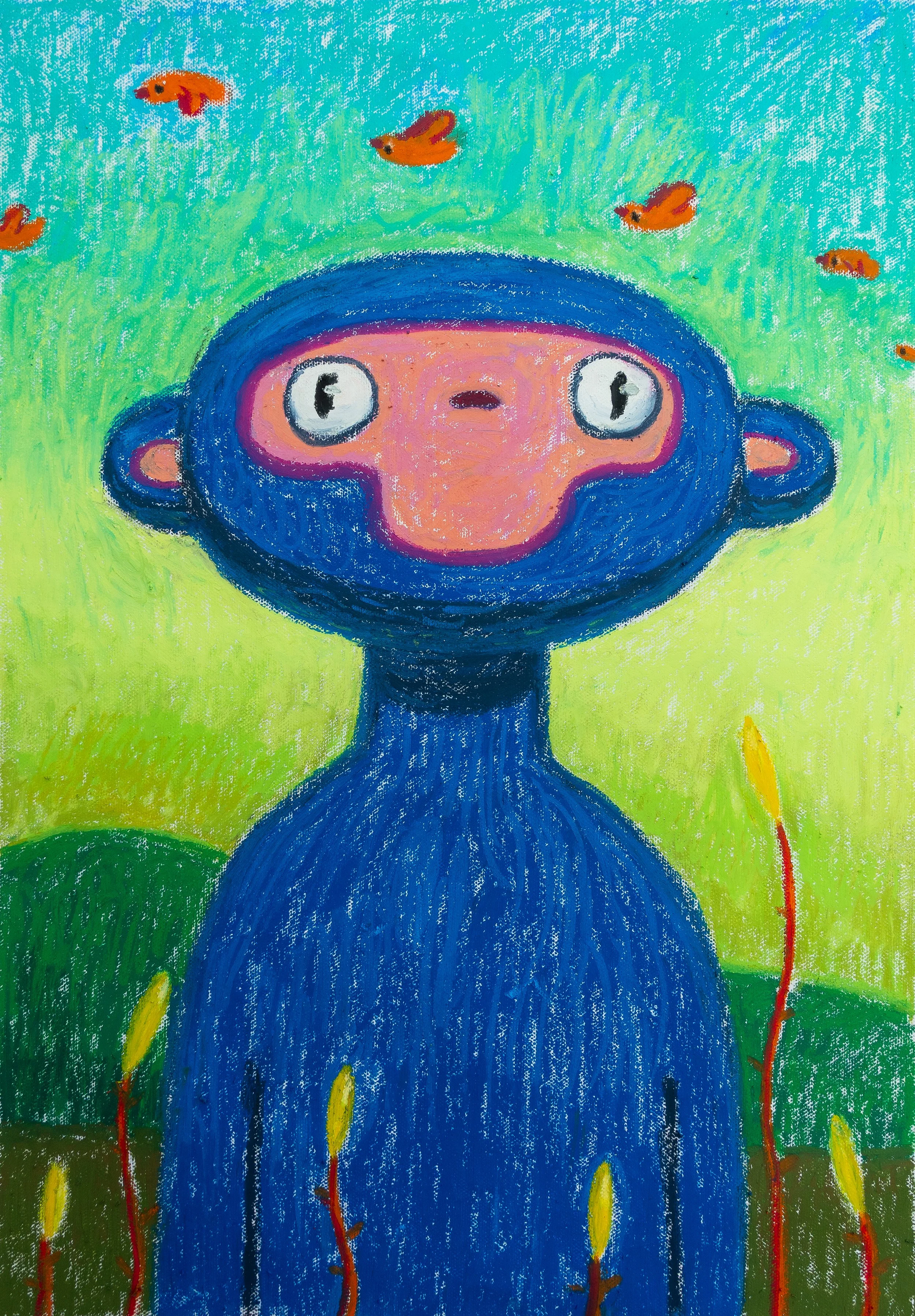 A colorful drawing of a monkey with a pink face and large eyes, surrounded by orange birds flying in a blue-green sky, with tall yellow flowers and green grass at the bottom.