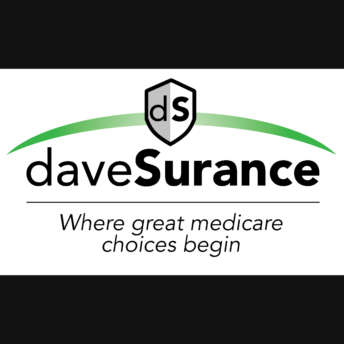 Logo for daveSurance featuring a shield with 'ds' initials, a green arc above the company name, and the tagline 'Where great medicare choices begin'.