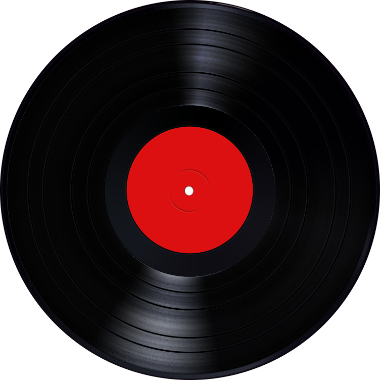Close-up of a black vinyl record with a red center label on a dark background.