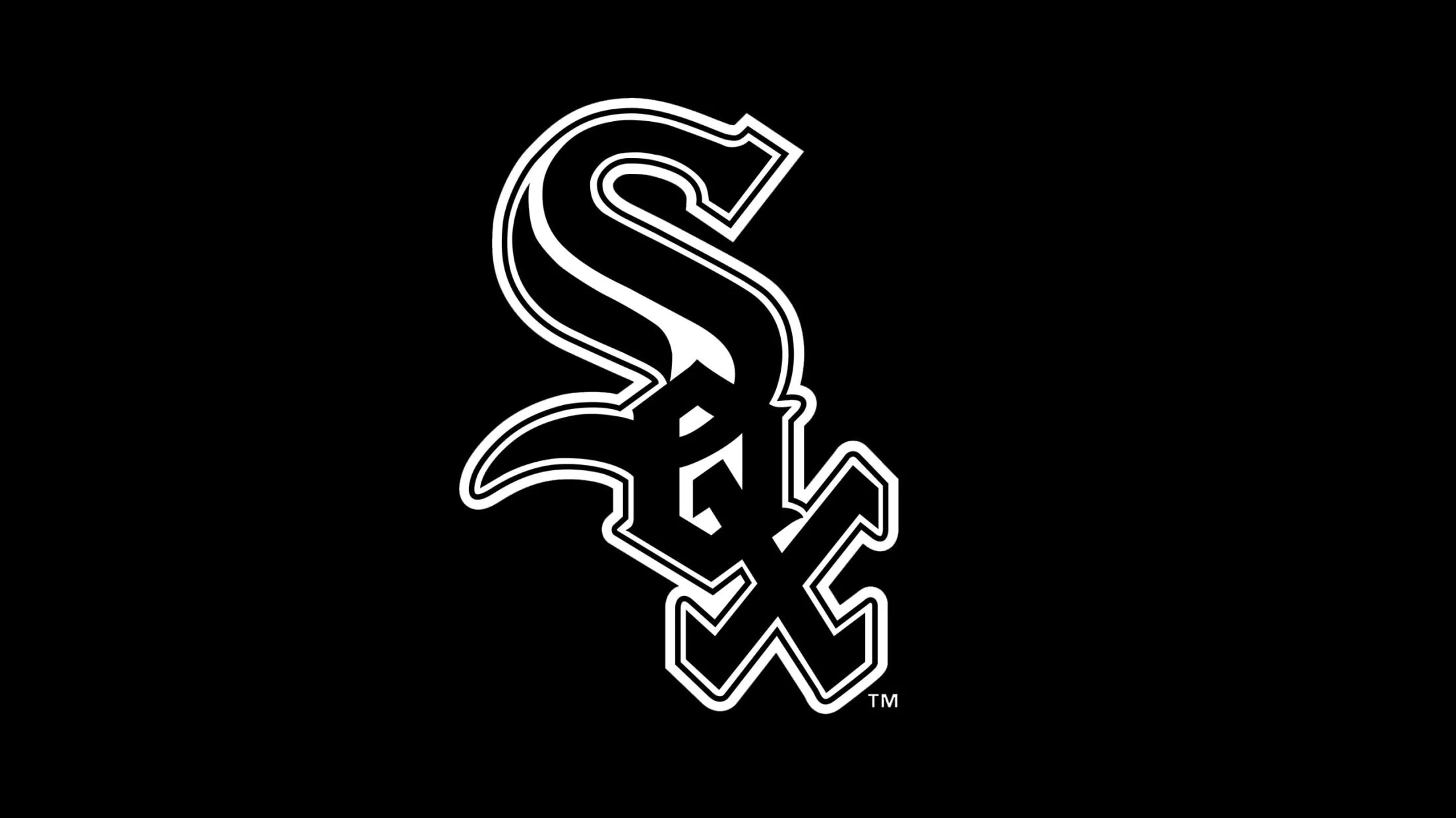 Black background with a white outline of the Chicago White Sox logo, featuring a stylized letter 'S' and 'ox' in a gothic font.