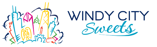 Colorful cartoon skyline of Chicago with the words 'Windy City Sweets' in blue text.