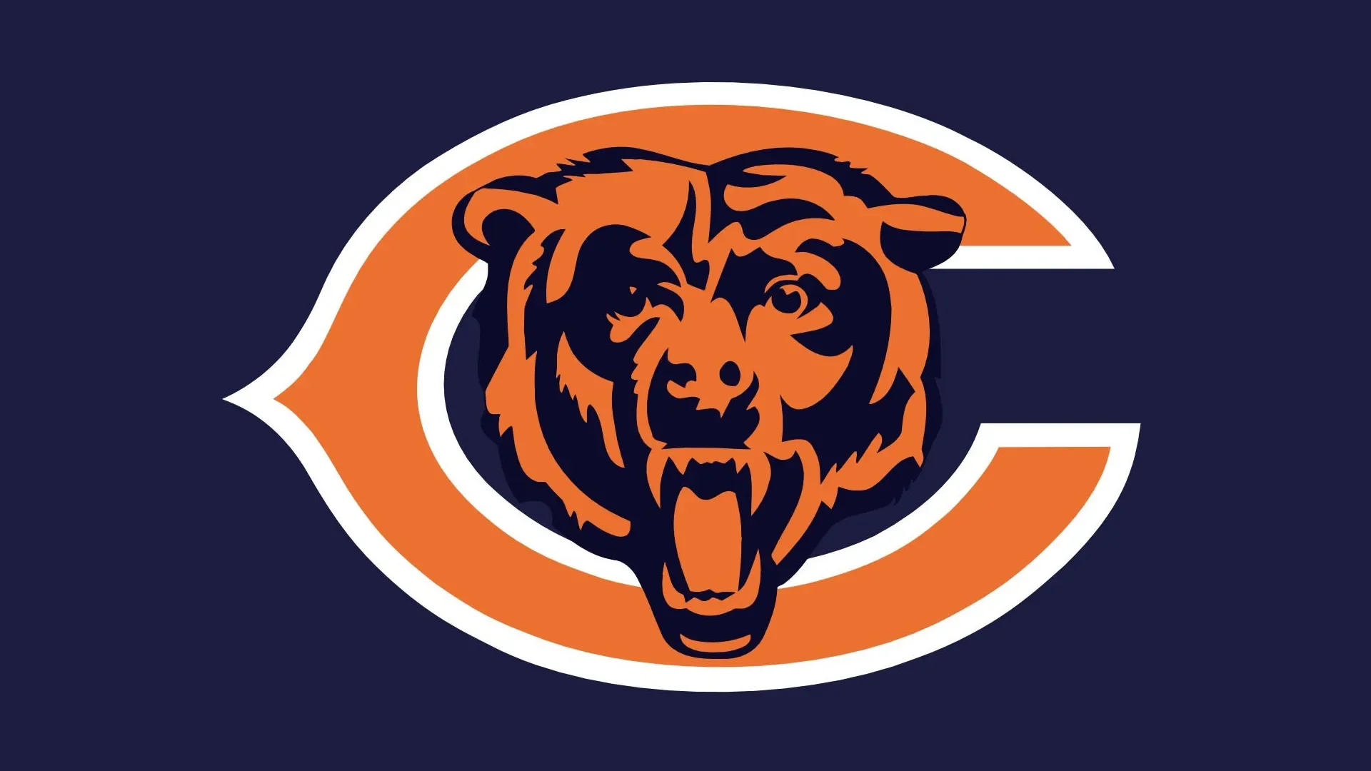Chicago Bears logo featuring a snarling bear head in orange, black, and white, with a large letter 'C' in orange surrounding the bear's head, on a dark navy background.